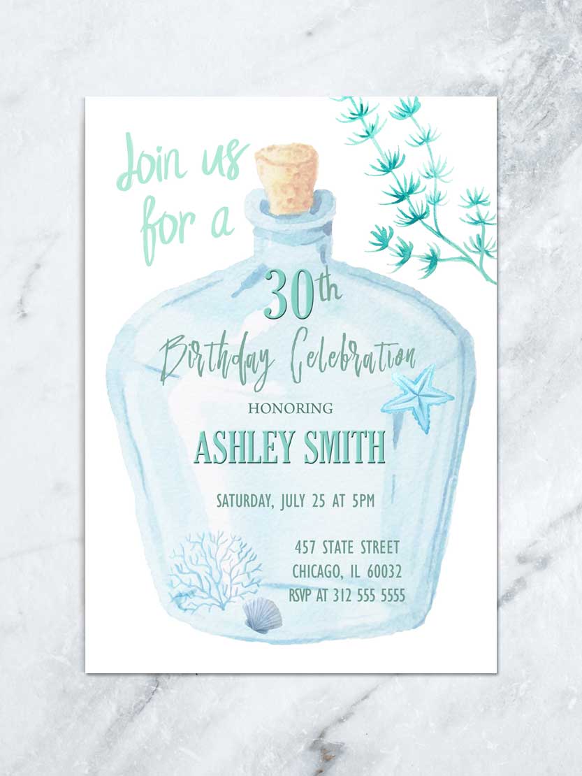 NAUTICAL BEACH BIRTHDAY INVITATION, OCEAN THEME BIRTHDAY PARTY, MESSAGE IN A BOTTLE, BLUE AND TURQUOISE CORALS AND SEASHELL DIGITAL FILE