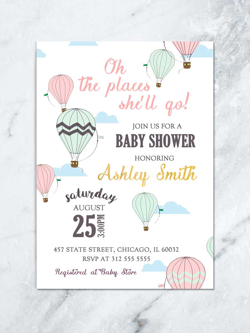 Digital Printable Oh The Places Shell Go Hot Air Balloons BABY SHOWER Invitation Pink /& Gold Girl Baby Shower Girl Baby Shower Invite