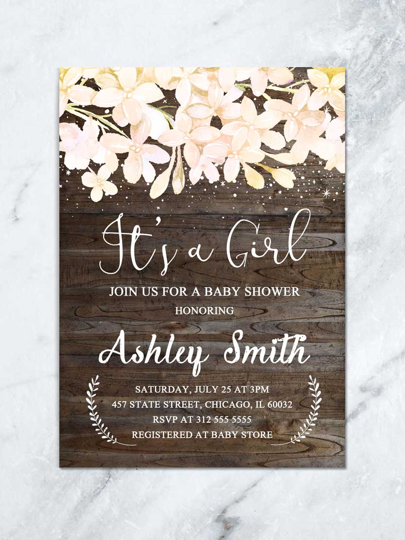 GIRL RUSTIC BABY SHOWER INVITATION, IT’S A GIRL BABY INVITE, COTTAGE RUSTIC SHOWER INVITE, WOOD BABY PRINTABLE, WOODLAND BABY PARTY INVITE