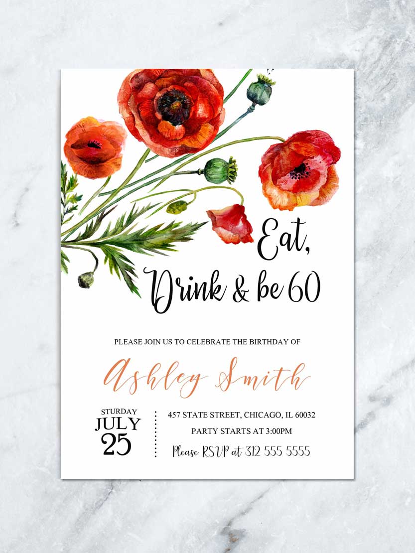 FLORAL 60TH BIRTHDAY INVITATION, ANY AGE 60TH BIRTHDAY ANNIVERSARY, PRINTABLE FLORAL WOMAN PARTY INVITATION, POPPY FLOWER PARTY INVITE