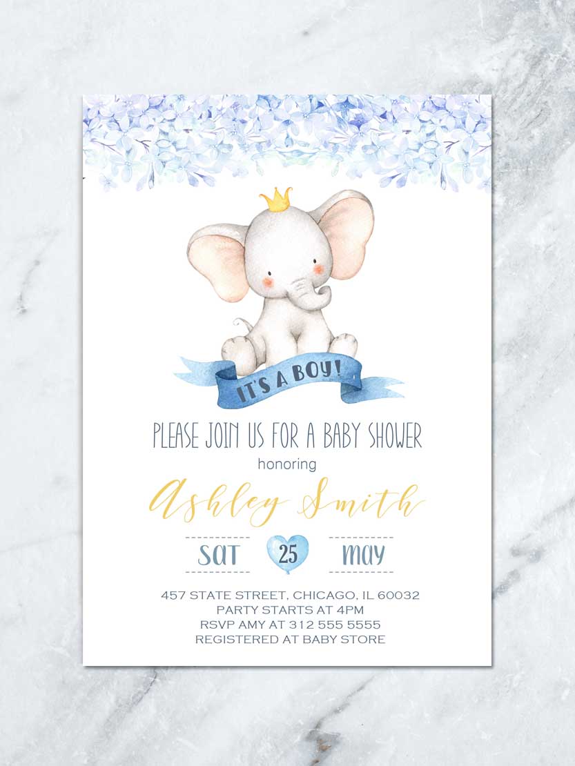 FLORAL ELEPHANT BABY PRINTABLE INVITATION, BLUE AND YELLOW BABY SHOWER