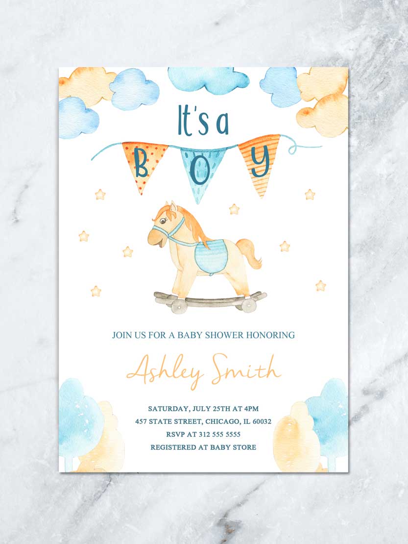 ITS A BOY BABY SHOWER PRINTABLE INVITATION WITH WOOD ROCKING HORSE, BLUE AND YELLOW BABY INVITE, TOY SHOWER INVITATION, DIGITAL FILE