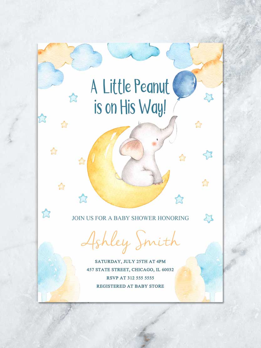 WATERCOLOR ELEPHANT BABY SHOWER INVITATIONS FOR BOY PRINTABLE