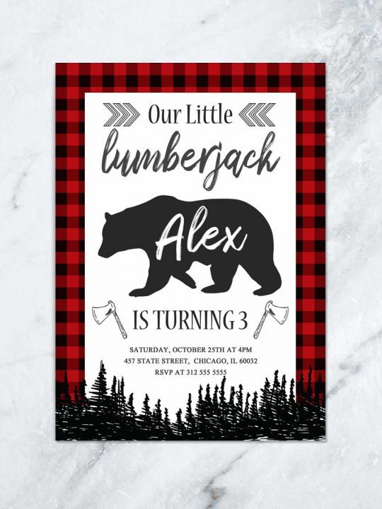 Lumberjack Bear Personalized Birthday Invitation