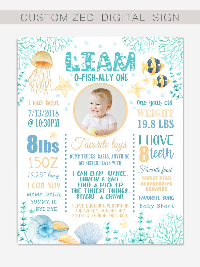 Under the Sea Boy 1st Birthday Poster Printable, Kids Milestone Ocean Party  Decor Sign Any Age • TDA Party On Paper