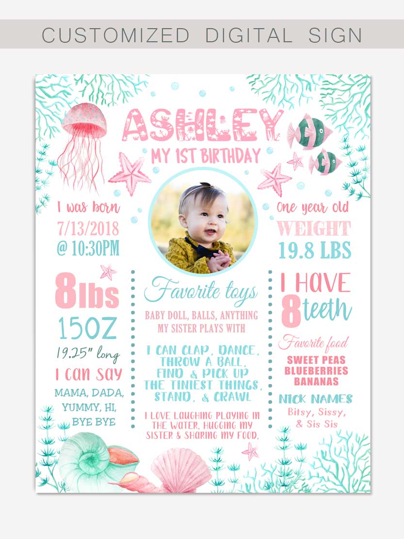 Under the Sea Girl 1st Birthday Poster Printable, Kids Milestone Ocean  Party Decor Sign Any Age • TDA Party On Paper