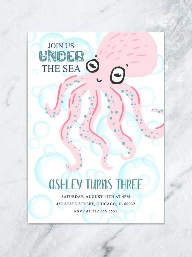 Pink Octopus Under the Sea Girl Birthday Party Invitation