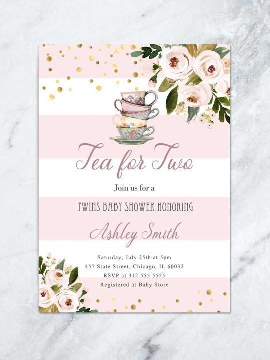 Twins Baby Shower Invitation Girl Floral Tea for Two