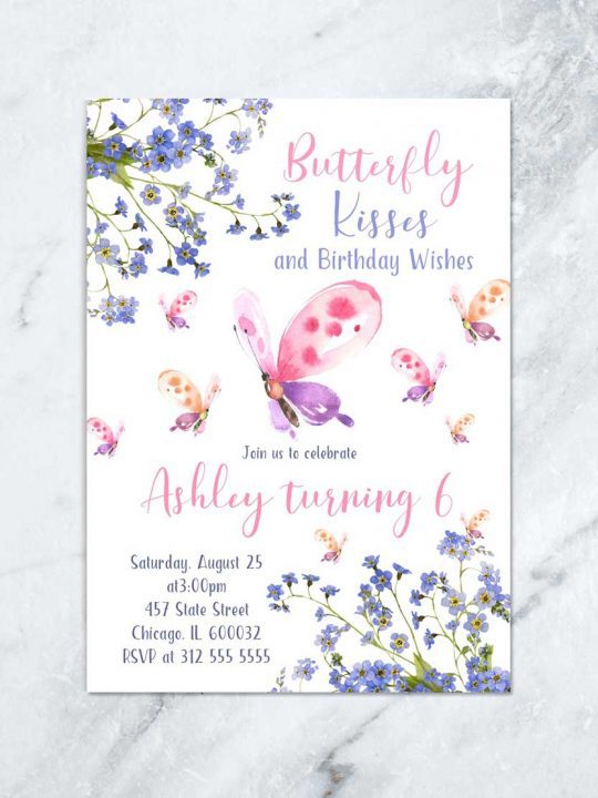 Floral Butterfly Birthday Invitation Printable or Printed