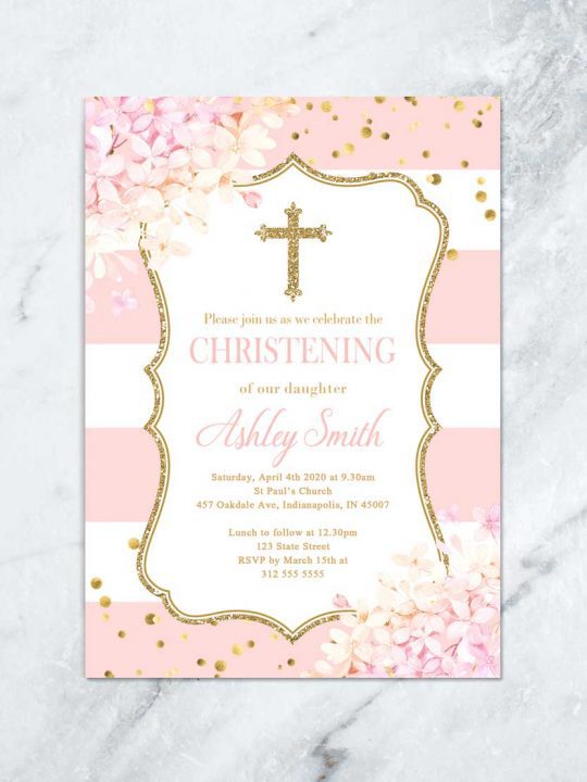 Floral Girl Christening or Baptism Invitation