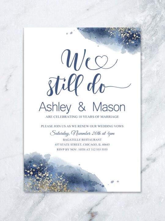 Modern Watercolor Blue and Gold Vow Renewal Invitation