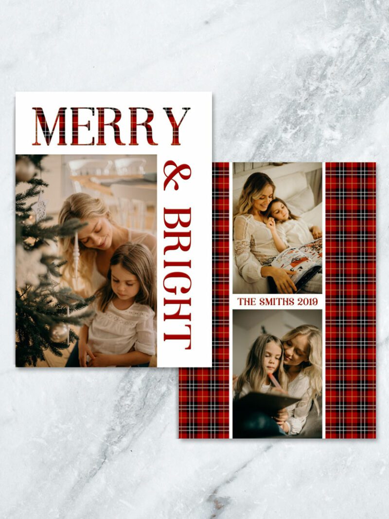 MERRY AND BRIGHT RED BUFFALO CHECK PLAID HOLIDAY CARD 
