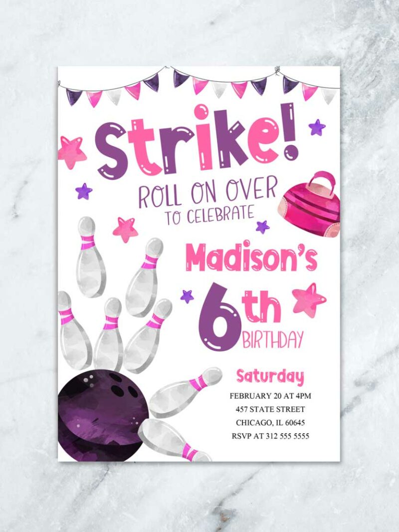 Pink and Purple Bowling Birthday Invitation