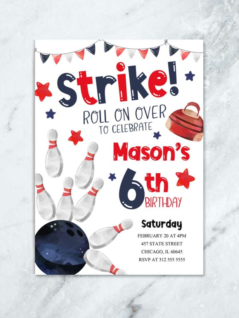 RED AND BLUE BOWLING BIRTHDAY INVITATION