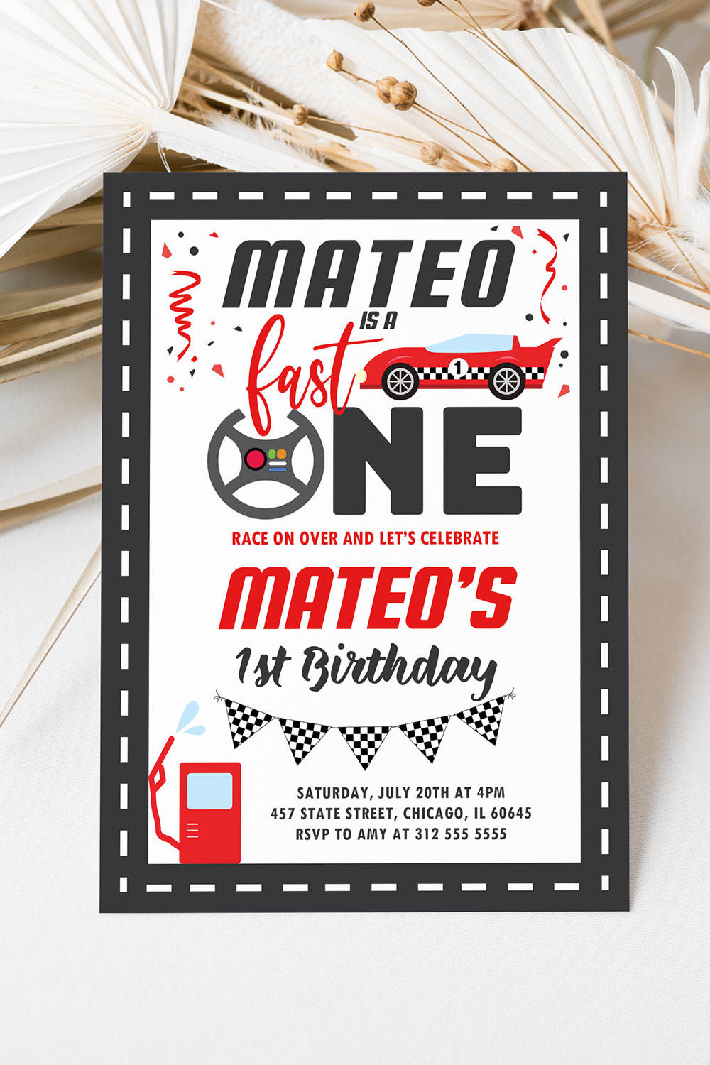 Race Car Birthday Invitation, Fast One 1st Boy Birthday Invite