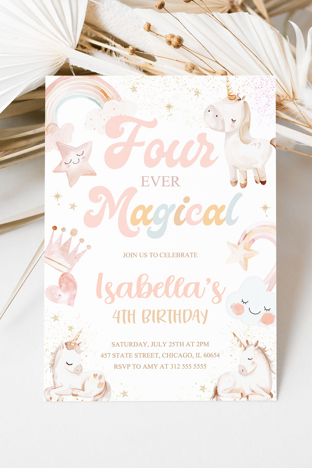 Four Ever Magical Unicorn 4th Birthday Invitation, Fourth Birthday Invite, Unicorn and Rainbow Party, Whimsical Pastel Unicorn Digital