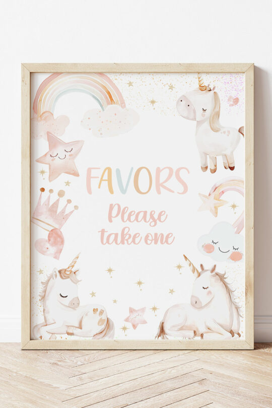 Unicorn Favors Sign, Girl Unicorn Birthday Party Decor Sign, Unicorn and Rainbow Decoration, Pink Magical Party Table Sign, Gift Bags Sign